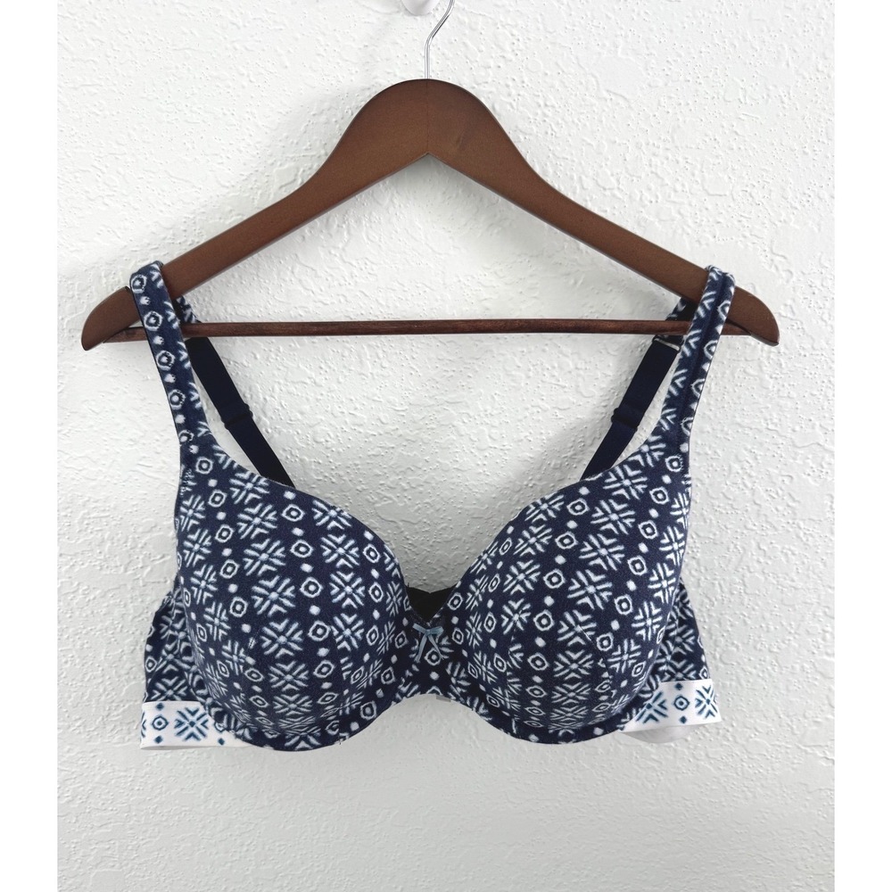 Cacique Lightly Lined T-Shirt Bra 44 B Underwire 95% Cotton Blue White Pattern